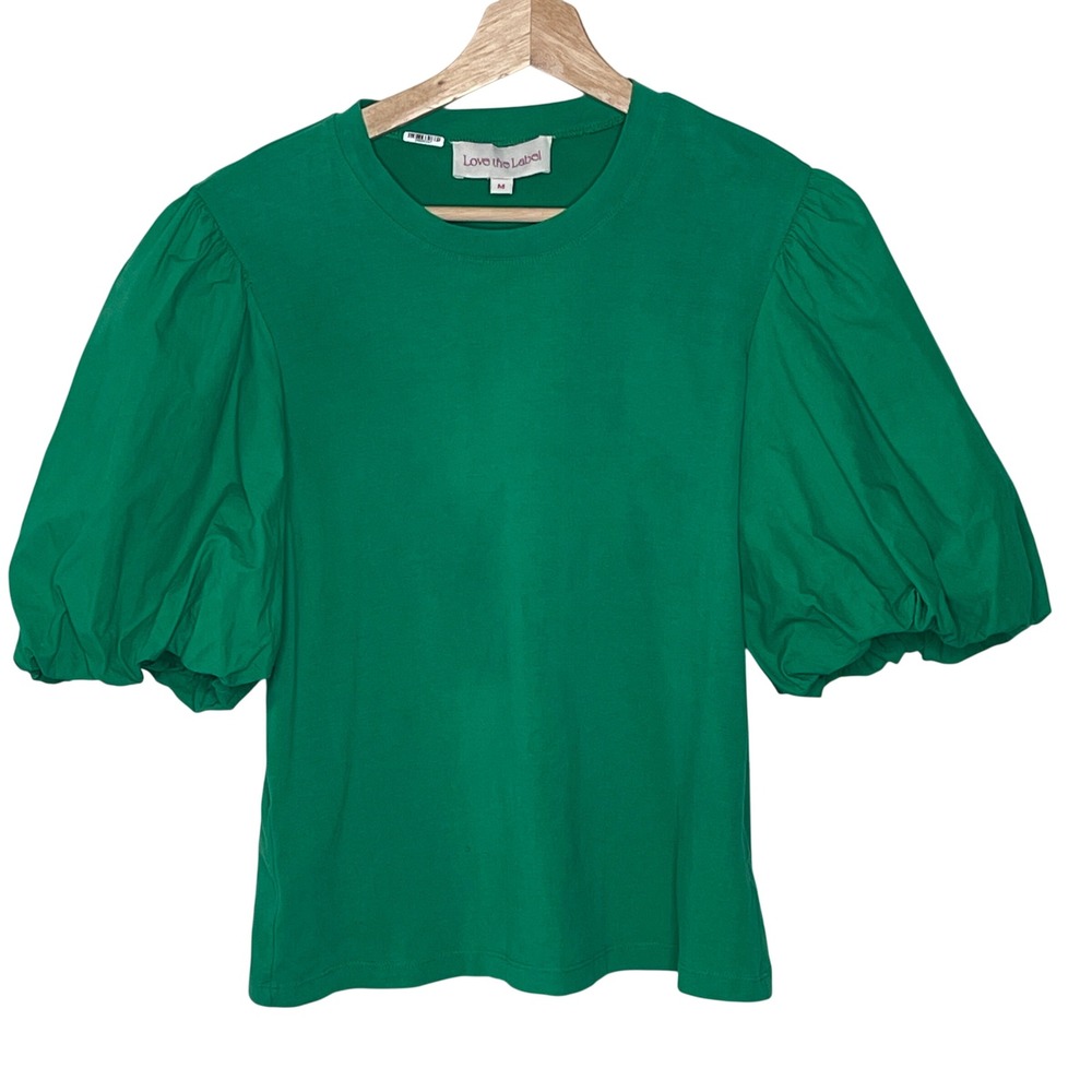 Love the Label Green Puff Sleeve Knit Top Crew Neck Cotton Blend Size M